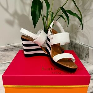 kate spade White and Black Striped Wedge Sandals